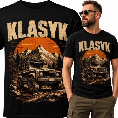 Koszulka męska „Klasyk” - terenówka 4x4 na tle gór i zachodu słońca