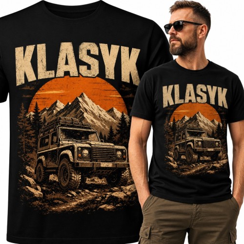 Koszulka męska „Klasyk” - terenówka 4x4 na tle gór i zachodu słońca