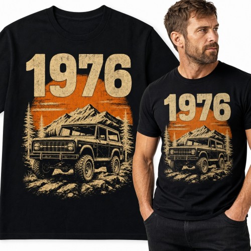 Koszulka męska „1976” - klasyczna terenówka 4x4 w górach dla fana off-roadu