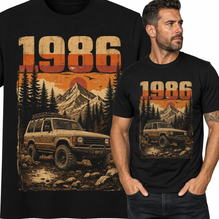 Koszulka męska „1986” z terenówką 4x4 w górach - retro off-road