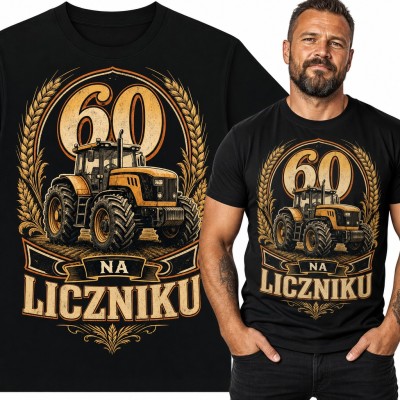 Koszulka męska na 60 urodziny z traktorem - „60 na liczniku” dla rolnika