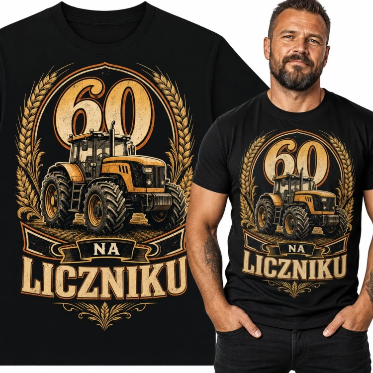 Koszulka męska na 60 urodziny z traktorem - „60 na liczniku” dla rolnika