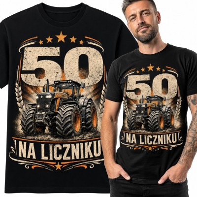 Koszulka męska na 50 urodziny z traktorem „50 na liczniku” - dla rolnika
