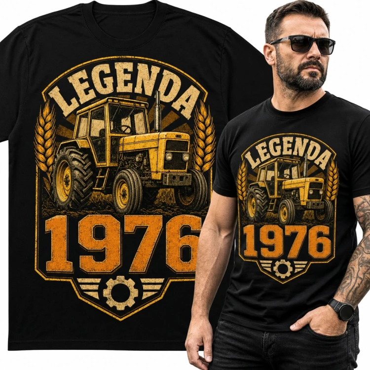 Koszulka męska na 50 urodziny z traktorem „Legenda 1976” dla rolnika
