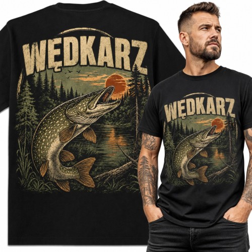 Koszulka męska „Wędkarz” - szczupak nad leśnym jeziorem