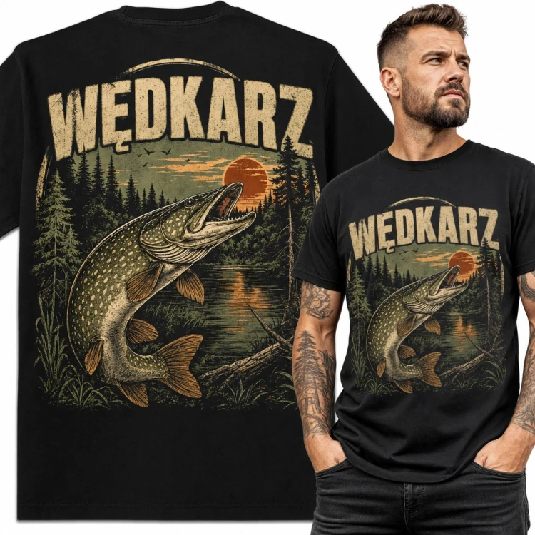 Koszulka męska „Wędkarz” - szczupak nad leśnym jeziorem