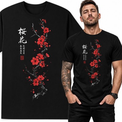 Koszulka męska „桜花” - kwitnąca sakura z japońską kaligrafią