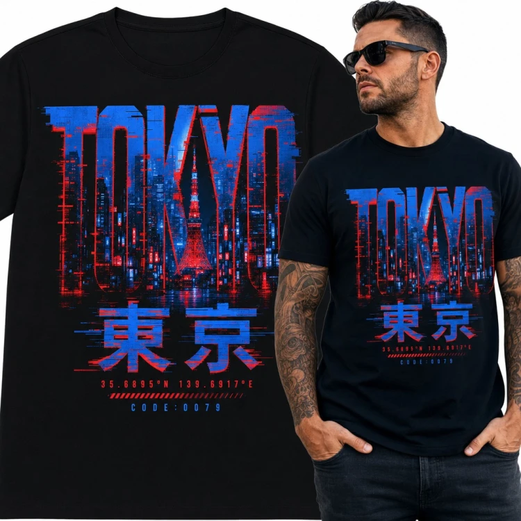 Koszulka męska „Tokyo” - nocne miasto z Tokyo Tower w stylu glitch
