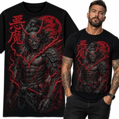 Koszulka męska „悪魔” - samuraj demon oni z katana na tle czerwonego księżyca