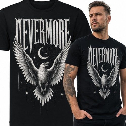 Koszulka męska kruk pod półksiężycem - napis „Nevermore”