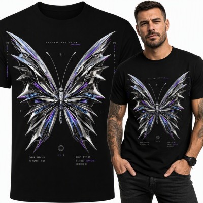 Koszulka męska cyber motyl „System: Evolution” w stylu cyberpunk