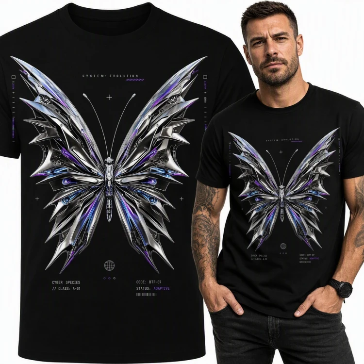 Koszulka męska cyber motyl „System: Evolution” w stylu cyberpunk
