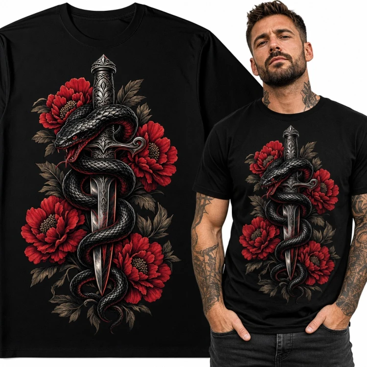 Koszulka męska wąż owinięty wokół sztyletu i czerwone piwonie w stylu tattoo