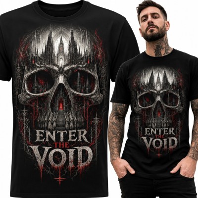 Koszulka męska z gotycką czaszką i katedrą „Enter the Void”