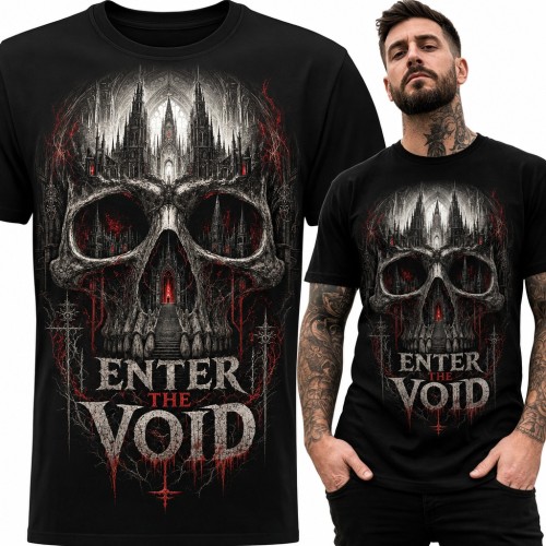 Koszulka męska z gotycką czaszką i katedrą „Enter the Void”
