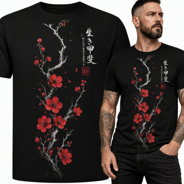 Koszulka męska „Ikigai” - kwitnąca sakura i japońska kaligrafia
