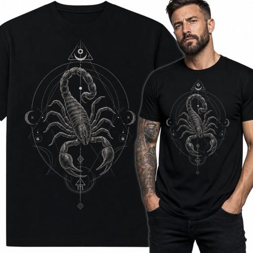 Koszulka męska Skorpion - znak zodiaku w świętej geometrii z fazami księżyca
