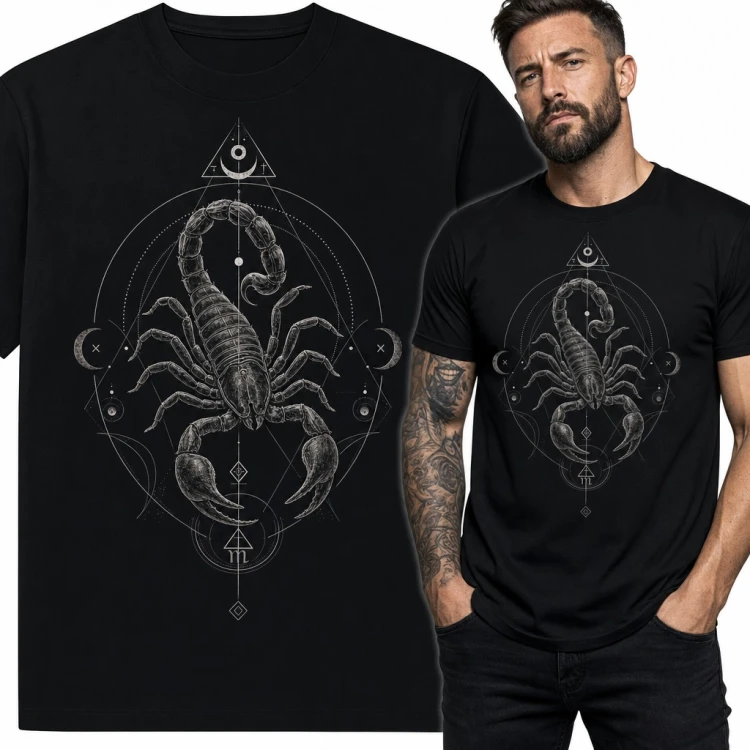 Koszulka męska Skorpion - znak zodiaku w świętej geometrii z fazami księżyca