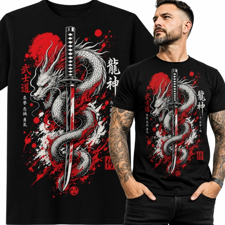 Koszulka męska smok i katana - japoński Ryujin z kodeksem bushido