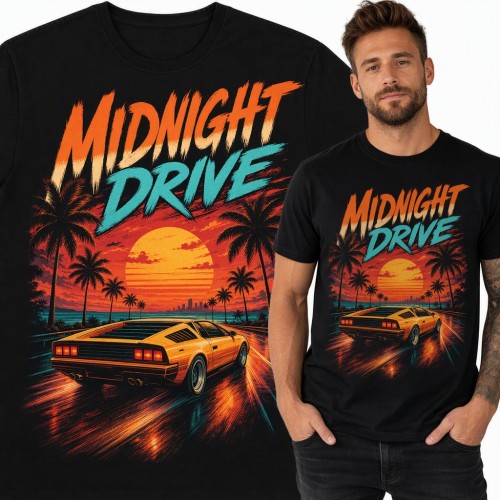 Koszulka męska „Midnight Drive” - retro auto sportowe wśród palm dla fana motoryzacji