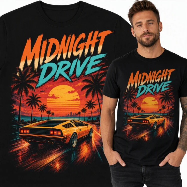 Koszulka męska „Midnight Drive” - retro auto sportowe wśród palm dla fana motoryzacji