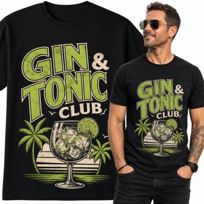Koszulka męska „Gin &amp; Tonic Club” - drink z limonką i palmy