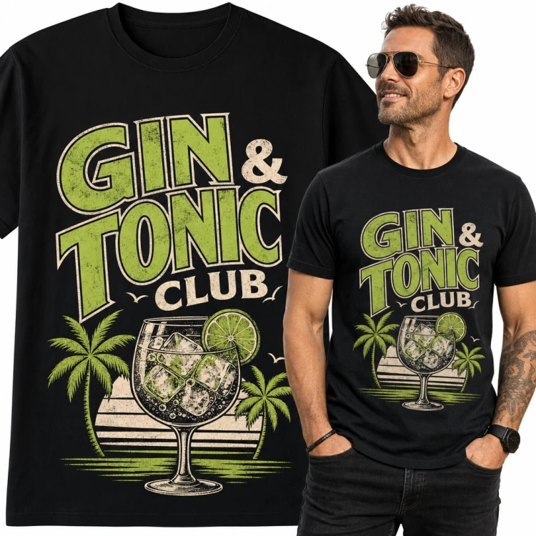 Koszulka męska „Gin &amp; Tonic Club” - drink z limonką i palmy