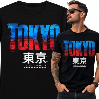 Koszulka męska „Tokyo” - glitch z kanji i współrzędnymi Tokio