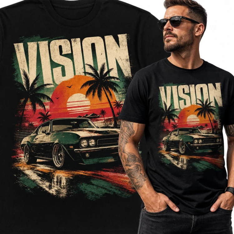 Koszulka męska „Vision” - muscle car retro z palmami i zachodem słońca