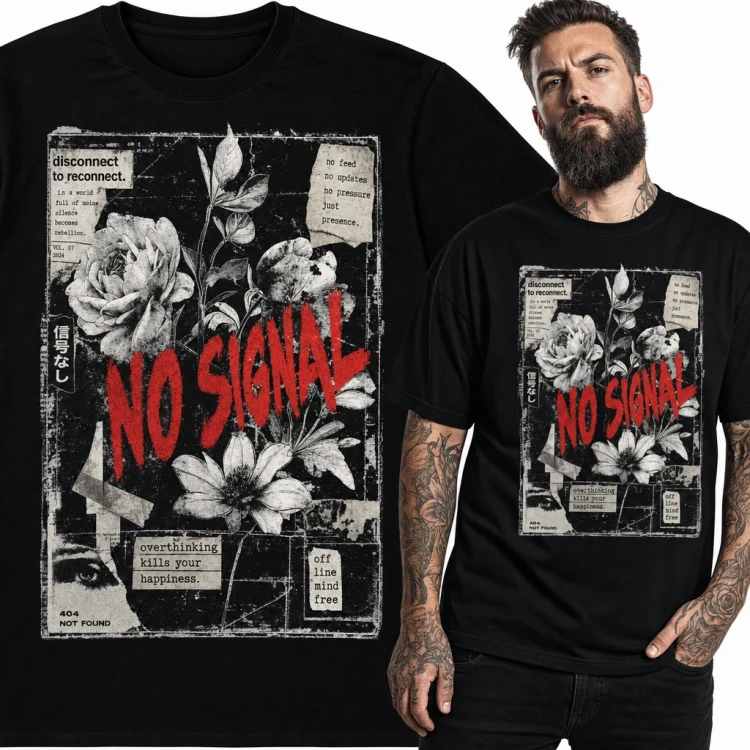 Koszulka męska streetwear „No Signal” - kolaż z różami i 404 Not Found