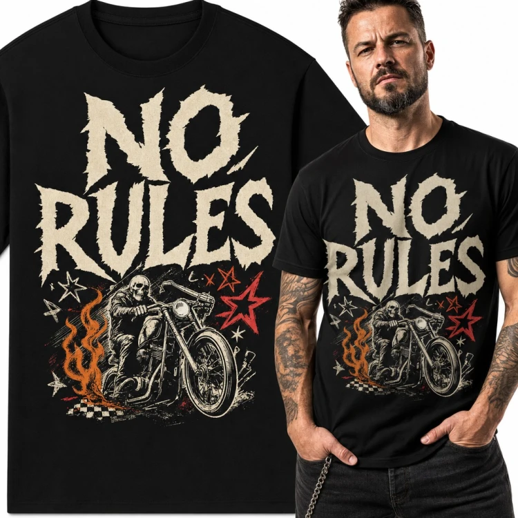 Koszulka męska „No Rules” - szkielet na chopperze w płomieniach dla motocyklisty