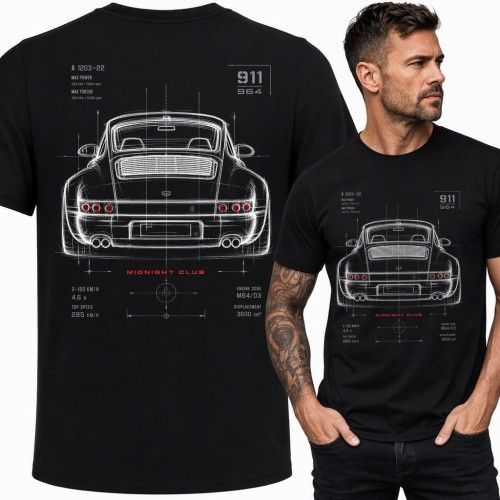 Koszulka męska „Midnight Club” - rysunek techniczny auta 911 964