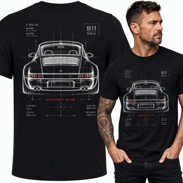 Koszulka męska „Midnight Club” - rysunek techniczny auta 911 964