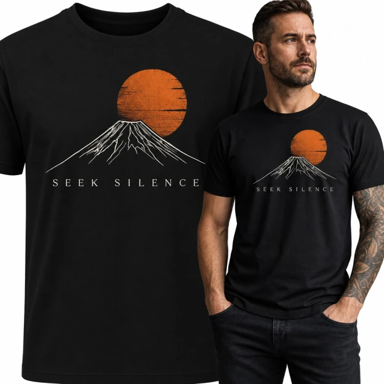 Koszulka męska „Seek Silence” - góra Fuji i pomarańczowe słońce