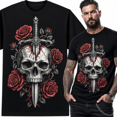 Koszulka męska pęknięta czaszka ze sztyletem i różami w stylu tattoo