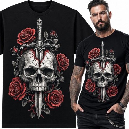 Koszulka męska pęknięta czaszka ze sztyletem i różami w stylu tattoo