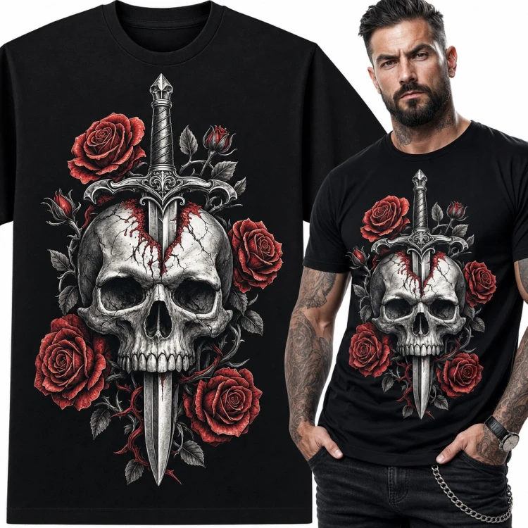 Koszulka męska pęknięta czaszka ze sztyletem i różami w stylu tattoo
