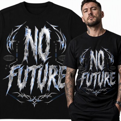 Koszulka męska „No Future” - chromowany napis Y2K z ostrymi ornamentami
