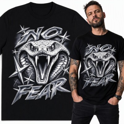 Koszulka męska „No Fear” z kobrą i chromowanymi gwiazdami