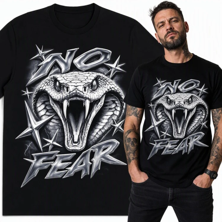 Koszulka męska „No Fear” z kobrą i chromowanymi gwiazdami