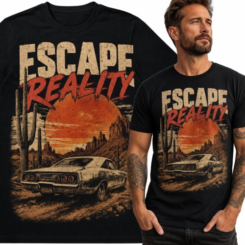 Koszulka męska „Escape Reality” z muscle carem na pustyni