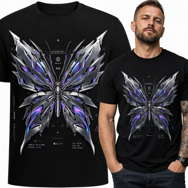 Koszulka męska z mechanicznym motylem cyberpunk i neonowym fioletem