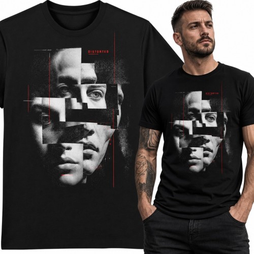 Koszulka męska „Distorted” - pocięty portret w stylu glitch art