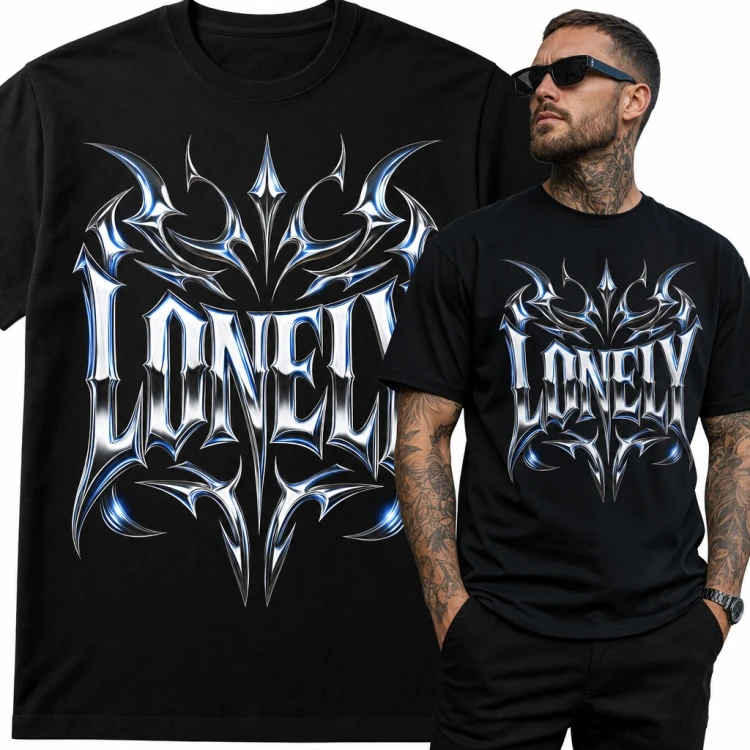 Koszulka męska „Lonely” - chromowany gotycki napis z tribalowymi kolcami