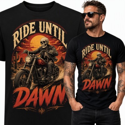 Koszulka męska „Ride until dawn” - szkielet na chopperze dla motocyklisty