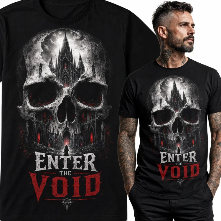 Koszulka męska „Enter the Void” - czaszka z gotycką katedrą