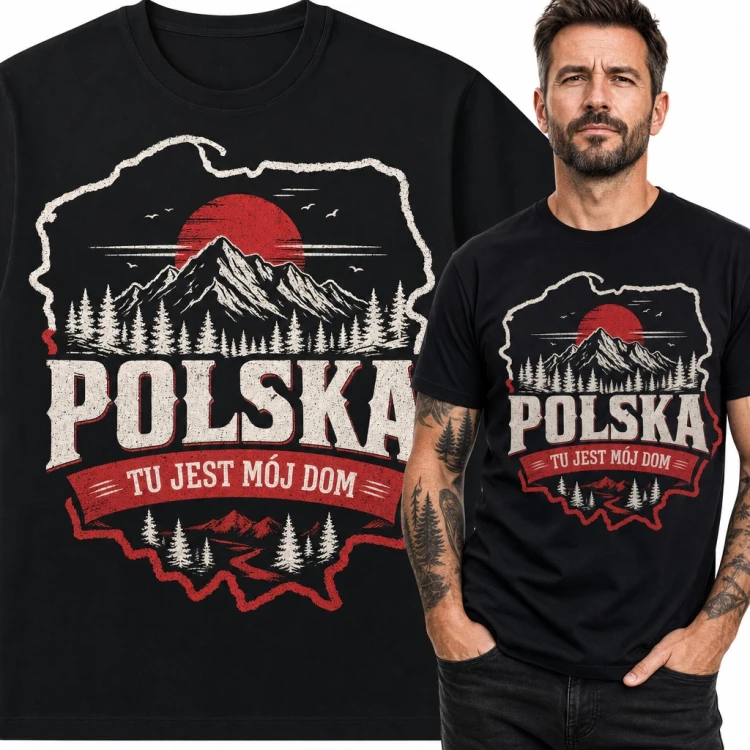 Koszulka męska „Polska tu jest mój dom” - mapa kraju z górami i lasem