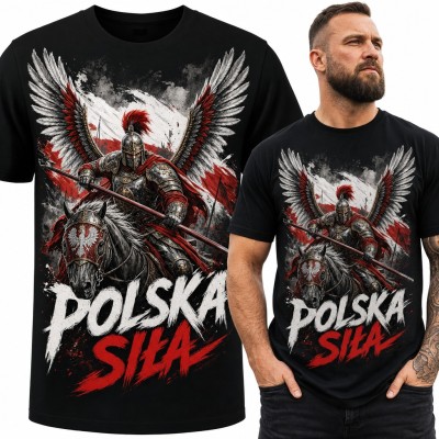 Koszulka męska „Polska siła” - husarz na koniu ze skrzydłami