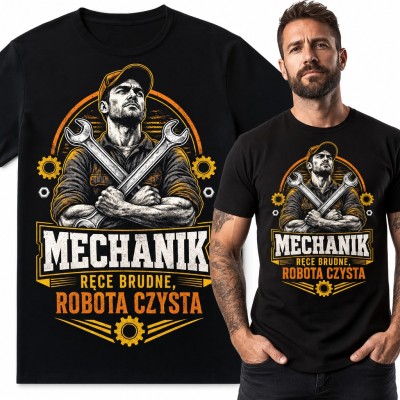 Koszulka męska „Mechanik ręce brudne, robota czysta” - klucze płaskie i zębatki