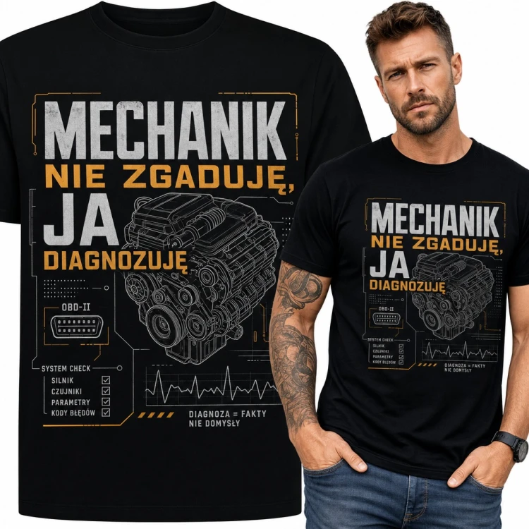 Koszulka męska „Mechanik nie zgaduję, ja diagnozuję” - silnik i OBD-II dla diagnosty